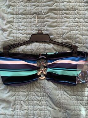 Michael Kors Striped Bandeau Bikini Top in Aqua, Navy, Black & White